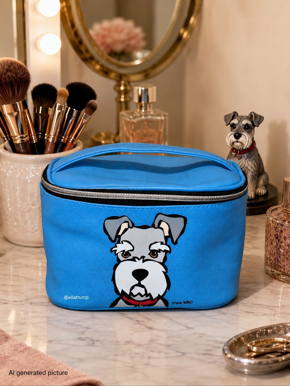 Marc Tetro Blue Cosmetic Bag Schnauzer Dog Print 9x5x5"
